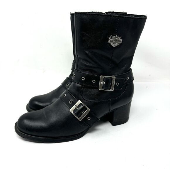 Harley Davidson Black Leather Heel Boots Women 7.5 Double Buckle Straps Mid Calf